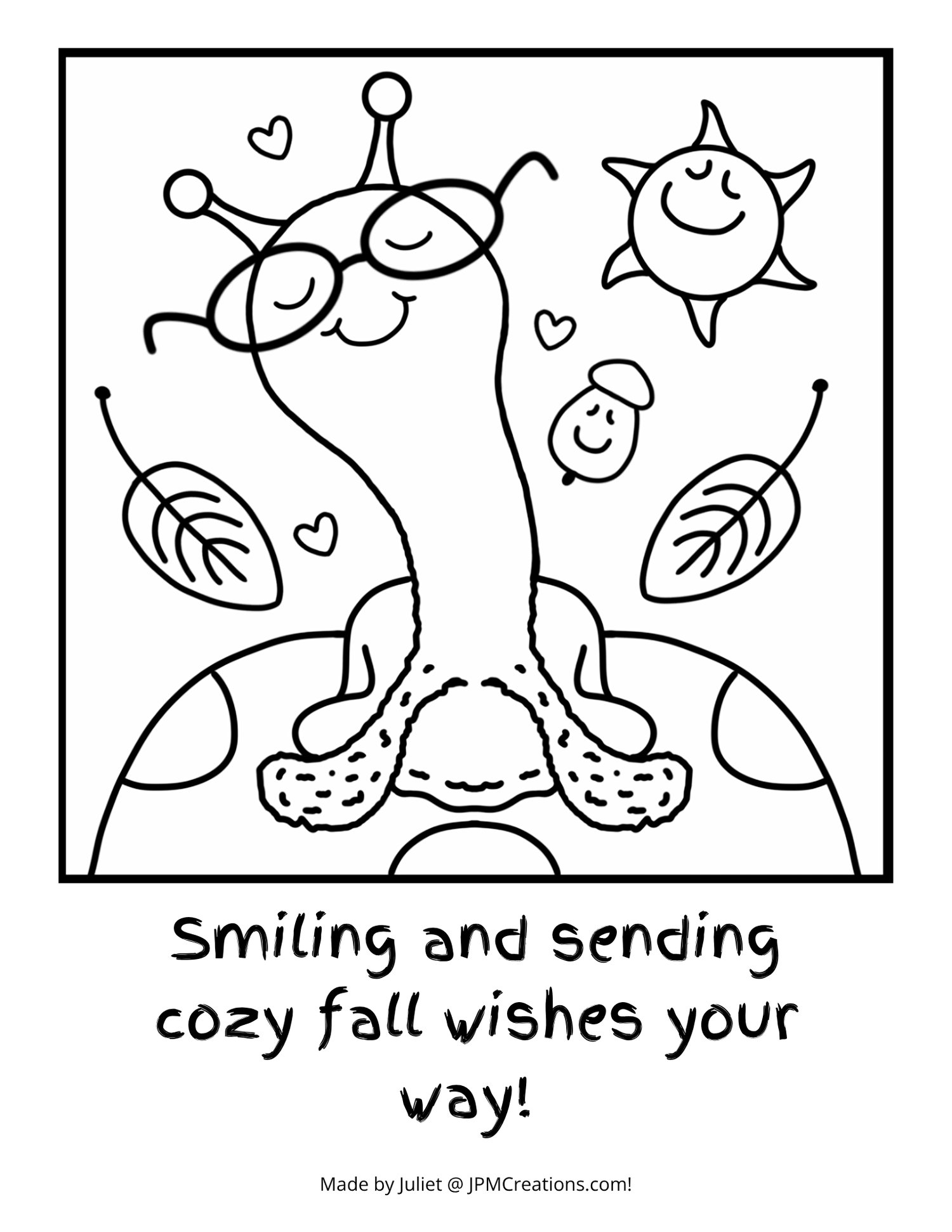 Cute Snail On A Mushroom Cozy Fall Wishes Coloring Page (With Text)