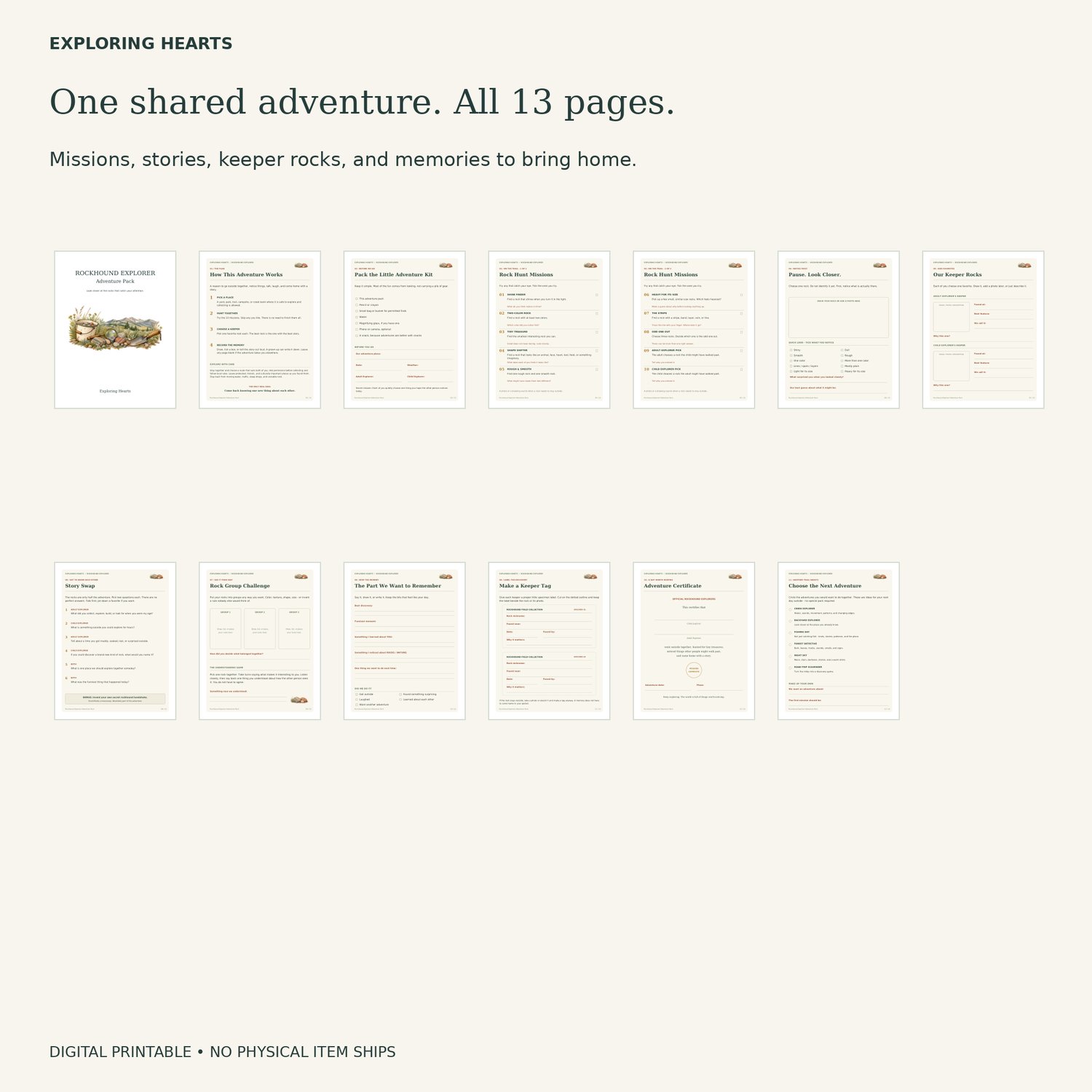 All 13 revised Rockhound Explorer pages: missions, observation, keeper rocks, Story Swap, shared memories, tags, certificate and next adventures.