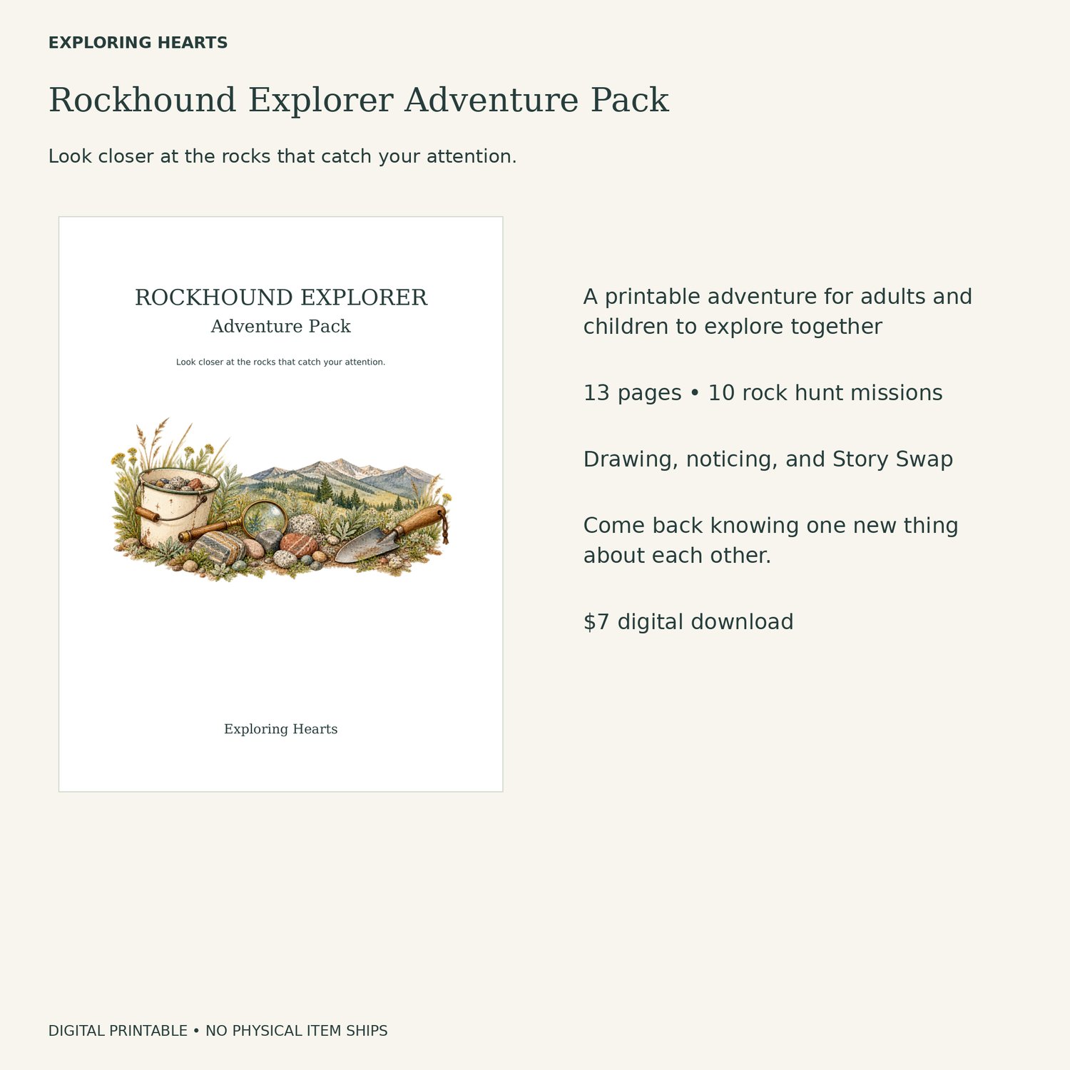 Rockhound Explorer Adventure Pack from Exploring Hearts. Revised watercolor cover and a printable adventure for adults and children to explore together. 13 pages, 10 missions, $7.