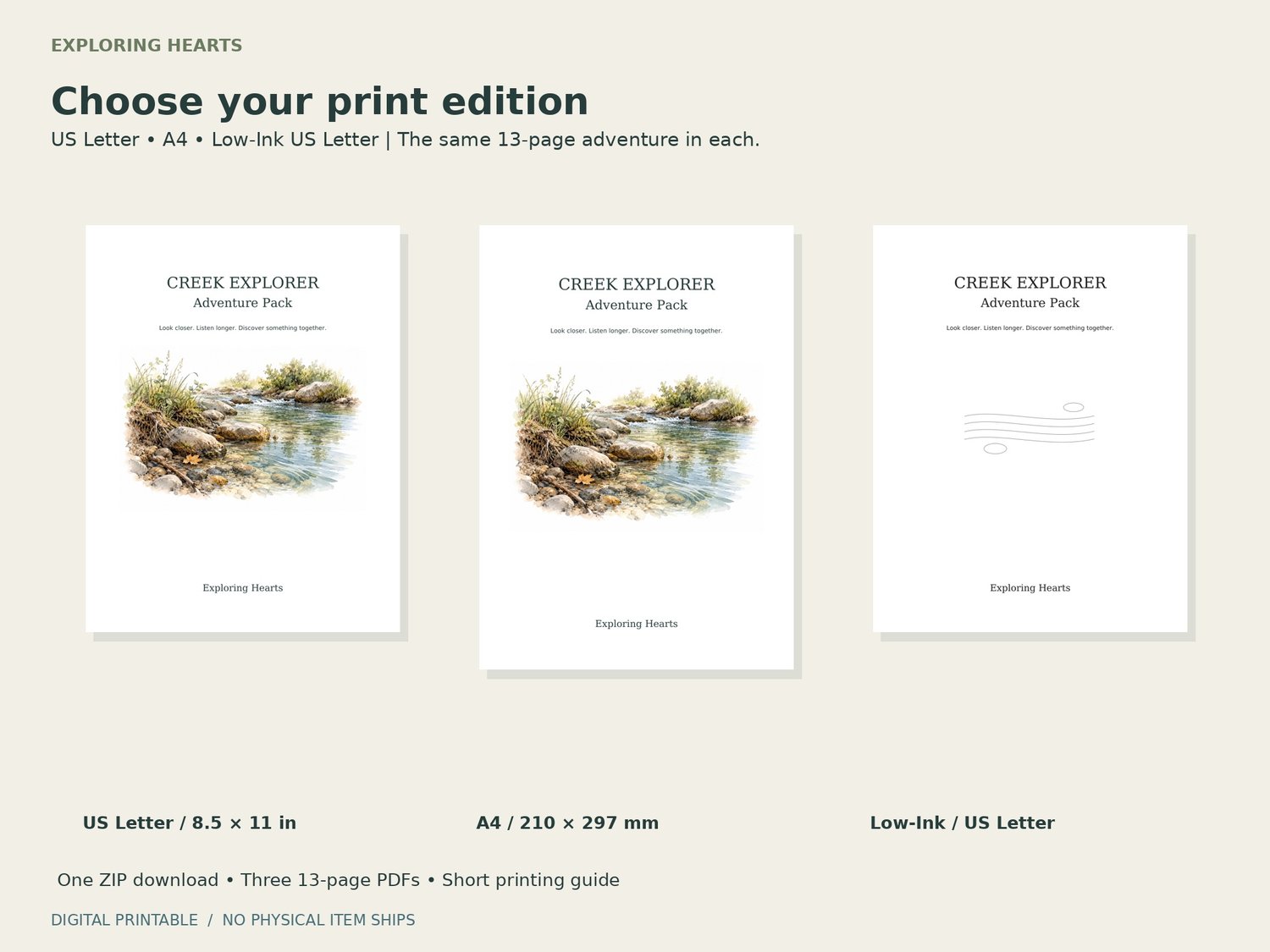 Revised Creek Explorer covers in US Letter, A4 and Low-Ink US Letter. The same 13-page adventure in each.