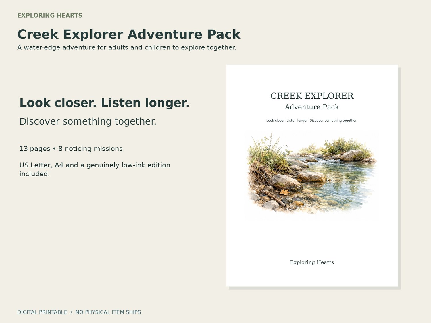 Creek Explorer Adventure Pack from Exploring Hearts. Revised series cover with creek watercolor artwork. Look closer. Listen longer. Discover something together.