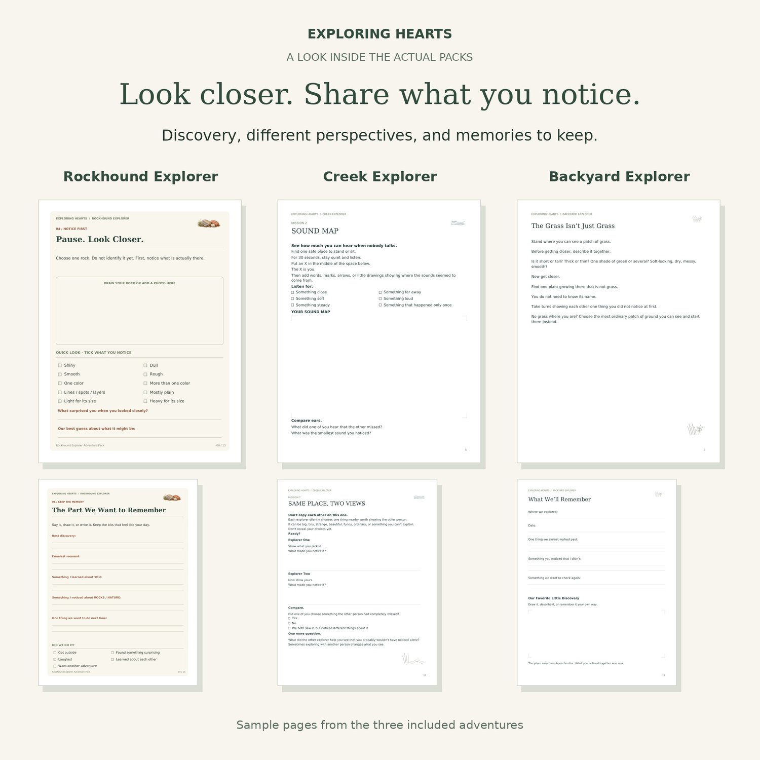 Actual activity and memory pages from Rockhound Explorer, Creek Explorer, and Backyard Explorer.