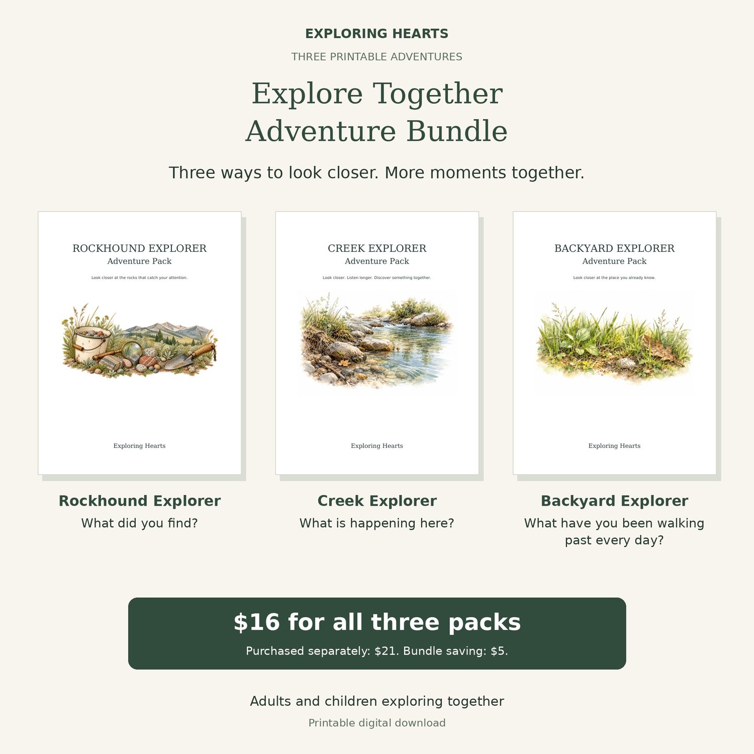 Explore Together Adventure Bundle from Exploring Hearts, showing the three actual revised series covers. Printable adventures for adults and children; $16 for three packs, saving $5.