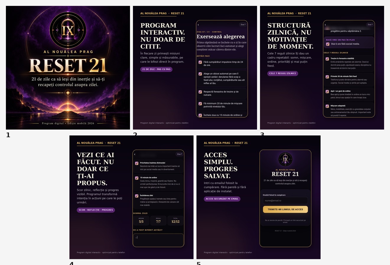 RESET 21 - capturi din program cu ecranul de start, progres, reguli și acces online
