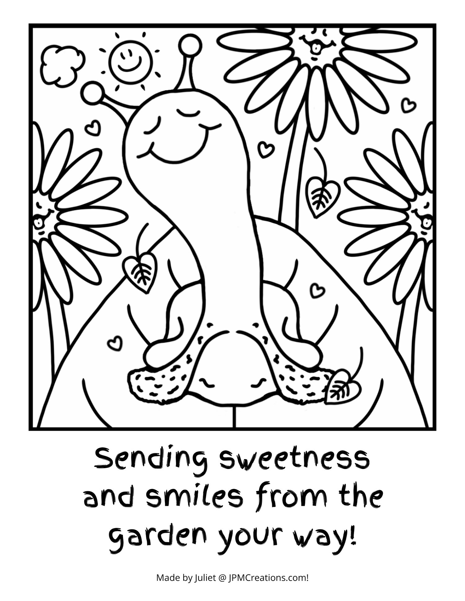 Cute Snail Smiles From The Garden Fall Sunflower Coloring Page (With Text)