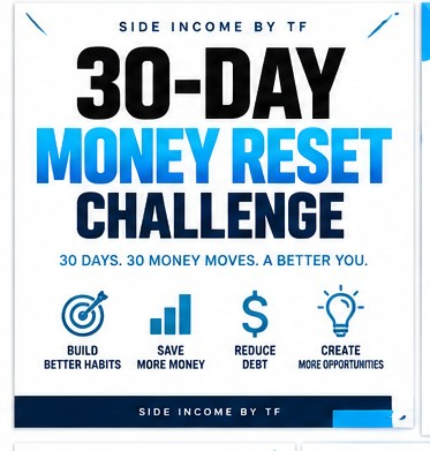 30-Day Money Reset Challenge PDF cover by Side Income By TF, featuring a blue and white design with icons for saving money, reducing debt, and building better financial habits.
