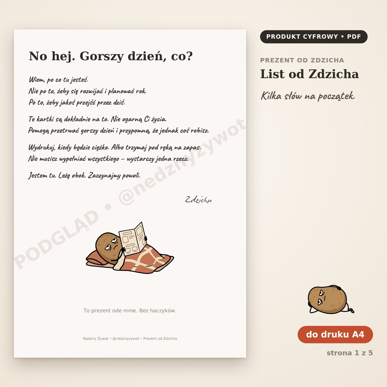 List od Zdzicha: pierwsza strona zestawu z krótkim listem i rysunkiem Kartofla Zdzicha, który leży na kocu i czyta.