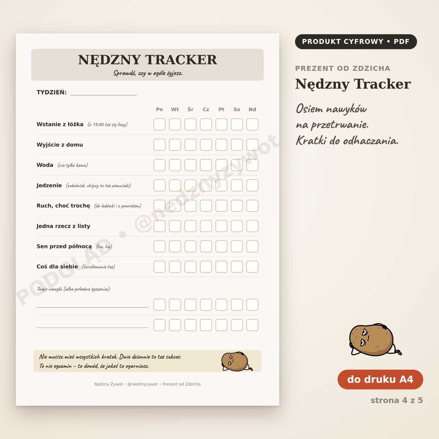 Nędzny Tracker: tygodniowy tracker nawyków z ośmioma gotowymi nawykami, od wstania z łóżka po coś dla siebie, i kratkami do odhaczania.