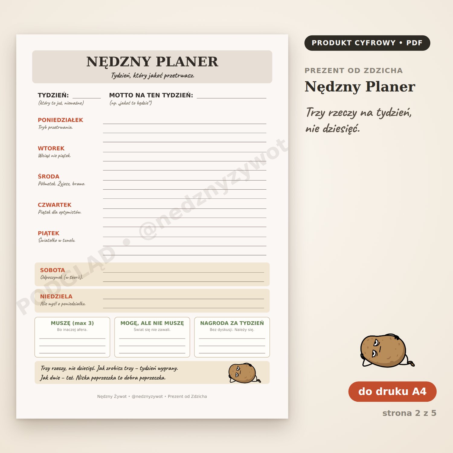 Nędzny Planer: planer tygodnia do druku z miejscem na każdy dzień, motto tygodnia i pola „Muszę”, „Mogę, ale nie muszę” i „Nagroda za tydzień”.