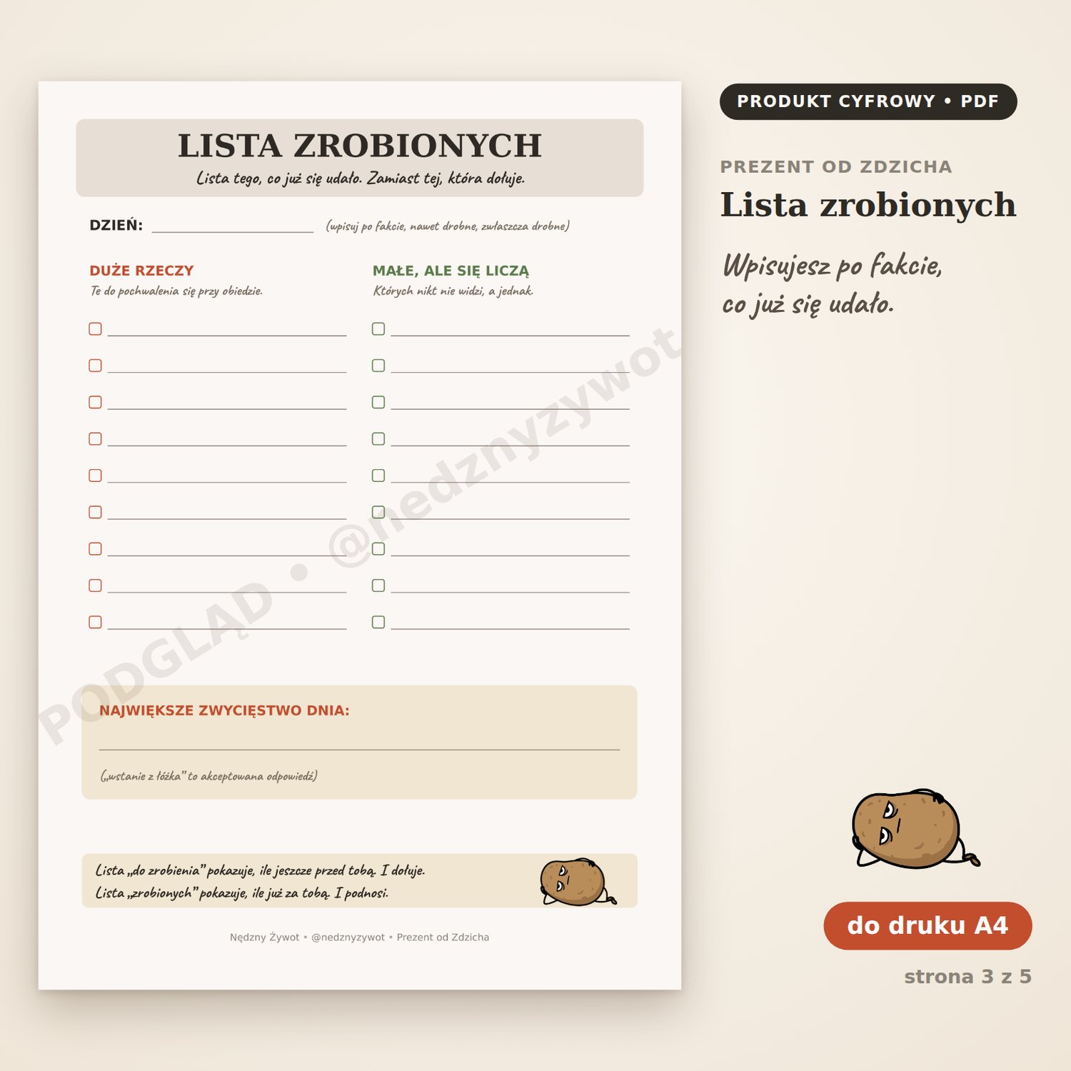 Lista zrobionych do druku: dwie kolumny, „Duże rzeczy” i „Małe, ale się liczą”, oraz pole na największe zwycięstwo dnia.
