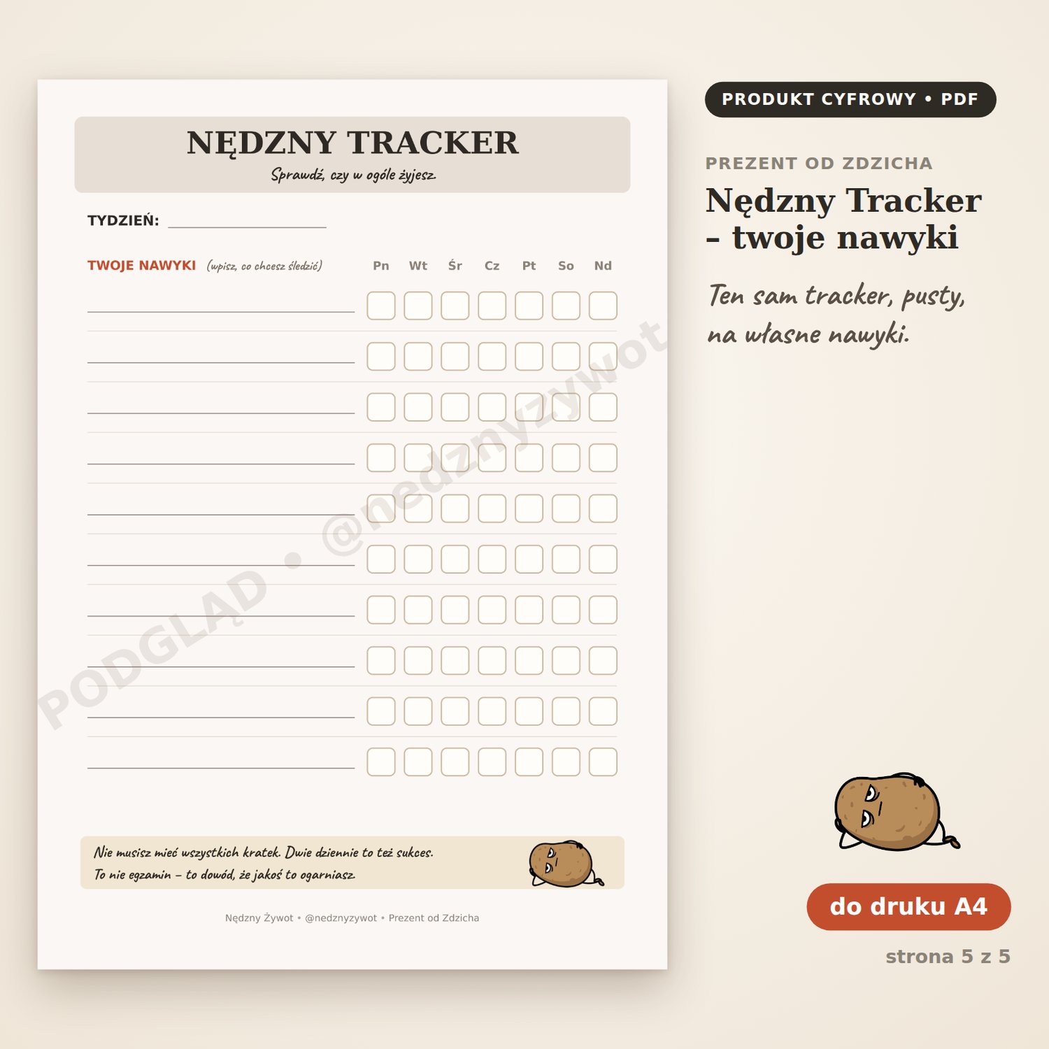 Nędzny Tracker z pustymi wierszami: tygodniowy tracker nawyków do druku, do wpisania własnych nawyków.