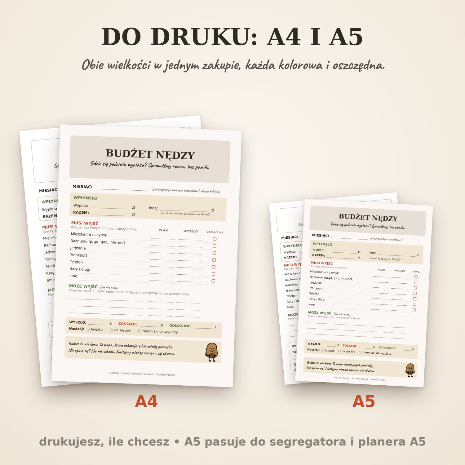 Budżet Nędzy do druku w dwóch wielkościach, A4 i A5. Obie są w jednym zakupie.