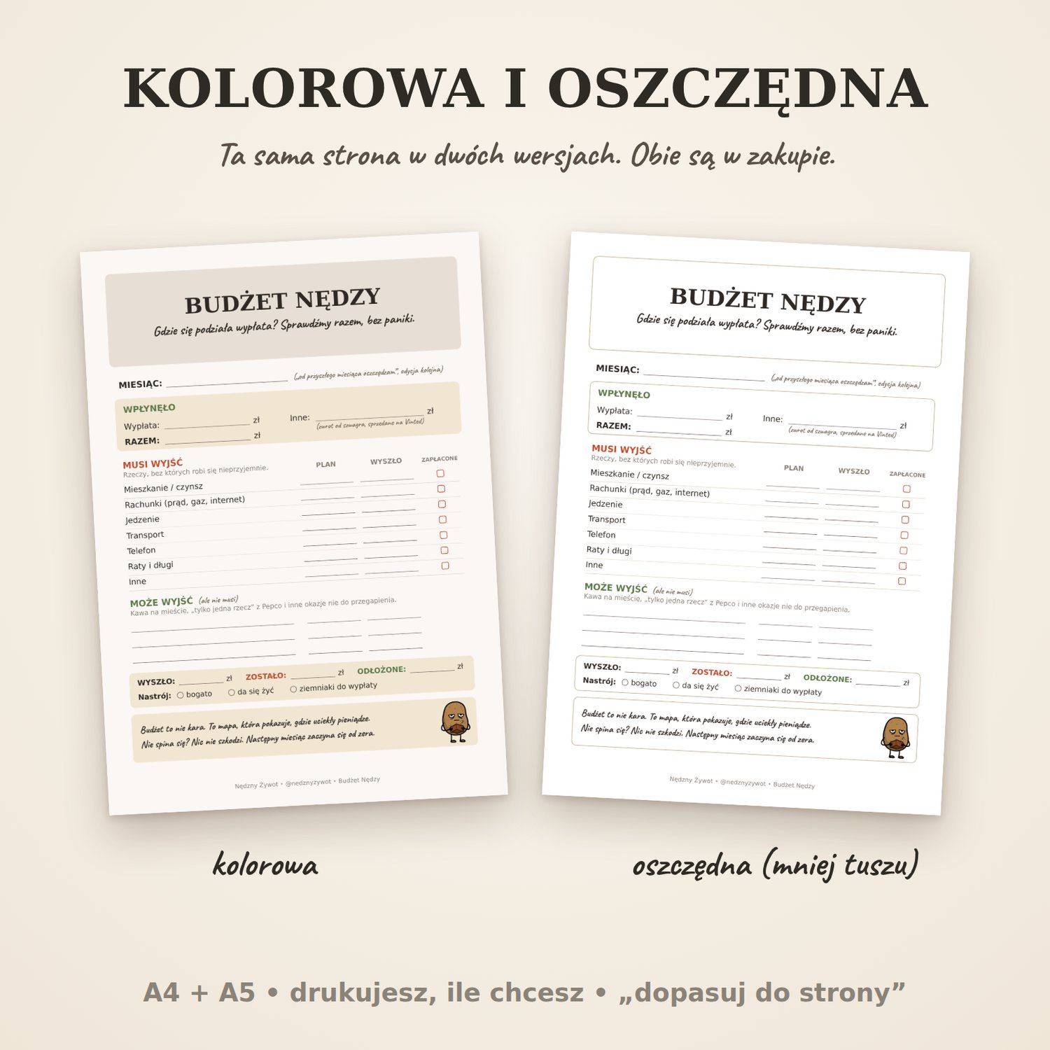 Budżet Nędzy w dwóch wersjach: kolorowej i oszczędnej z białym tłem, która zużywa mniej tuszu