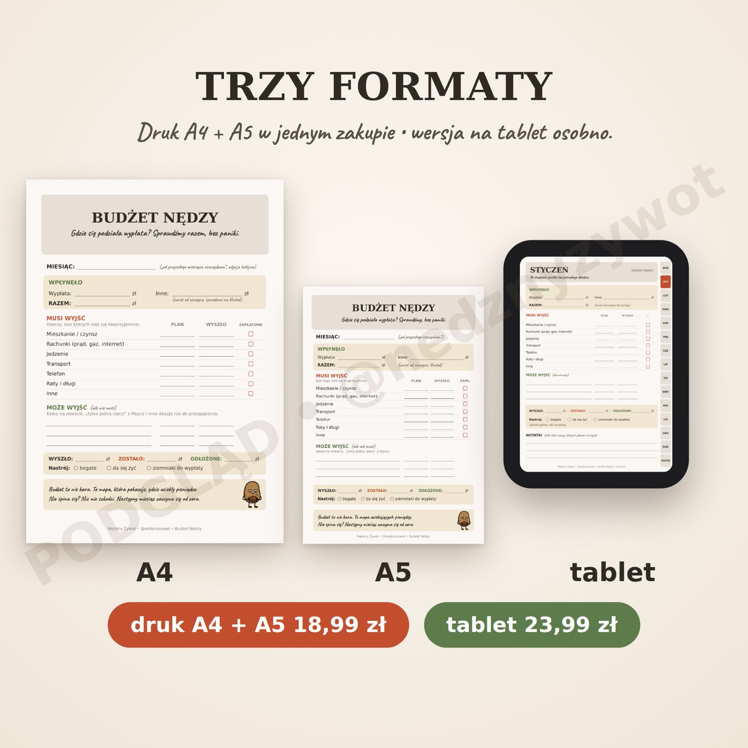 Trzy formaty Budżetu Nędzy: druk A4 i A5 za 18,99 zł oraz osobna wersja na tablet za 23,99 zł.