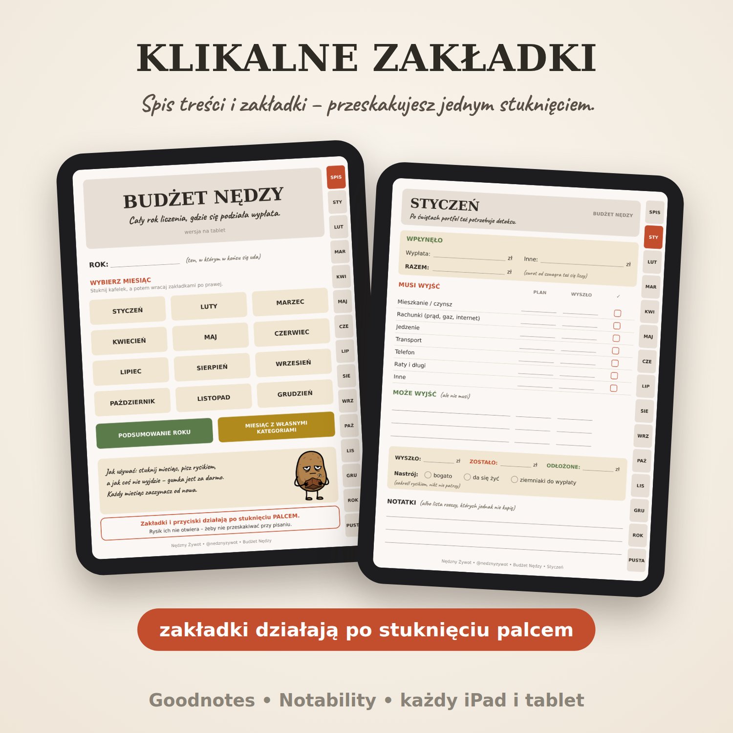 Klikalne zakładki w Budżecie Nędzy: dwa tablety ze spisem treści i stroną miesiąca. Zakładki działają po stuknięciu palcem.