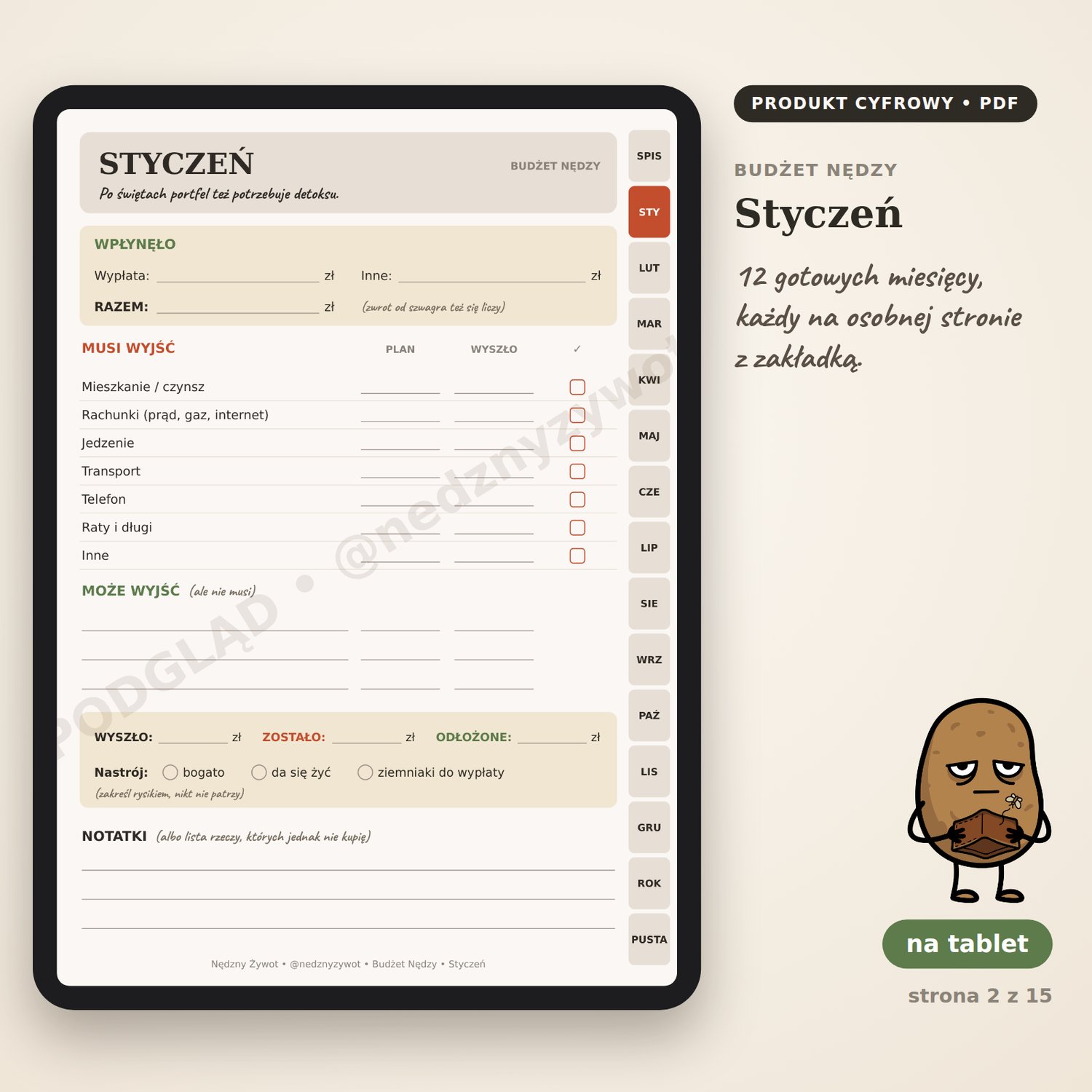 Strona „Styczeń” w wersji na tablet: wpływy, stałe opłaty, wydatki i notatki, z zakładkami miesięcy po prawej.