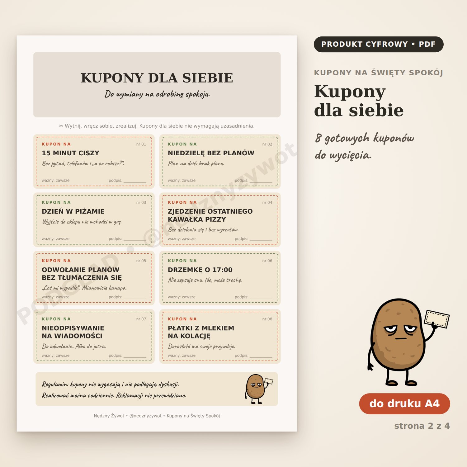 Kupony dla siebie: 8 kuponów do wycięcia, między innymi 15 minut ciszy, dzień w piżamie, drzemka o 17:00 i płatki z mlekiem na kolację.