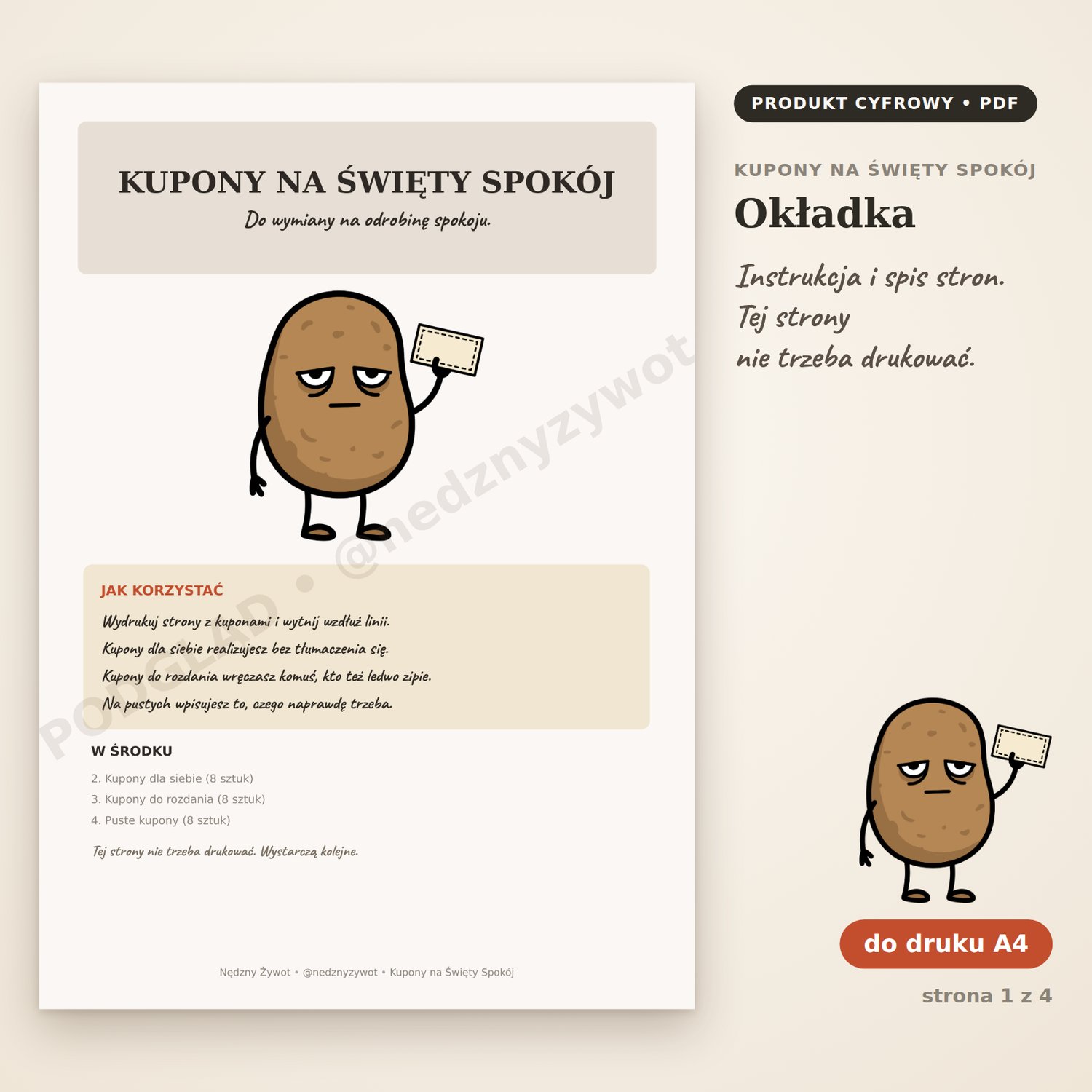 Okładka Kuponów na Święty Spokój z instrukcją, jak korzystać, i spisem stron.