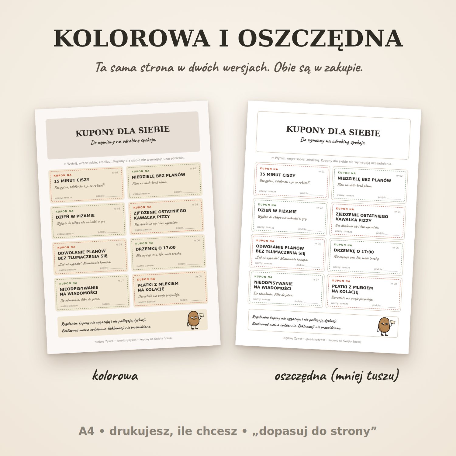 Kupony na Święty Spokój w dwóch wersjach: kolorowej i oszczędnej z białym tłem, która zużywa mniej tuszu.