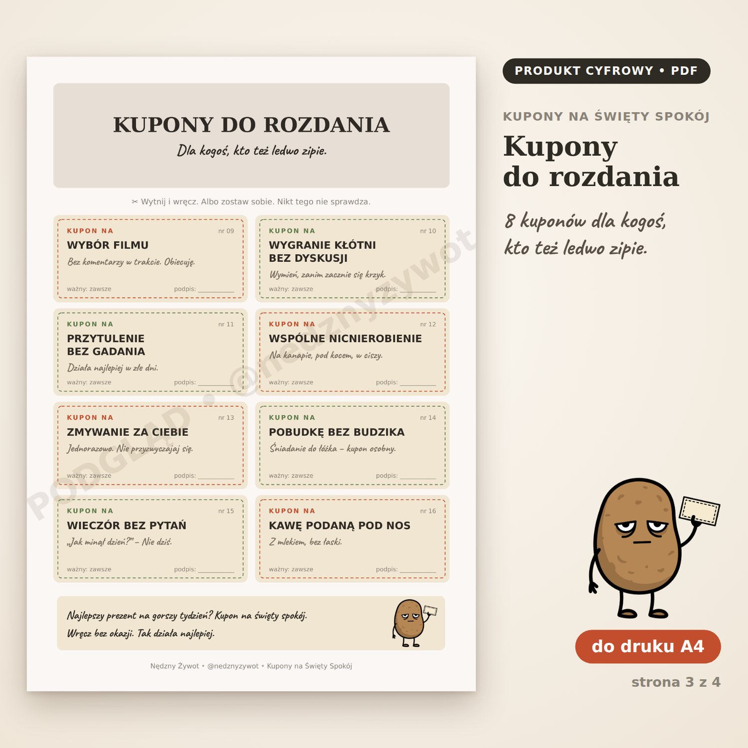 Kupony do rozdania: 8 kuponów do wycięcia, między innymi wybór filmu, wygranie kłótni bez dyskusji, przytulenie bez gadania i pobudka bez budzika.