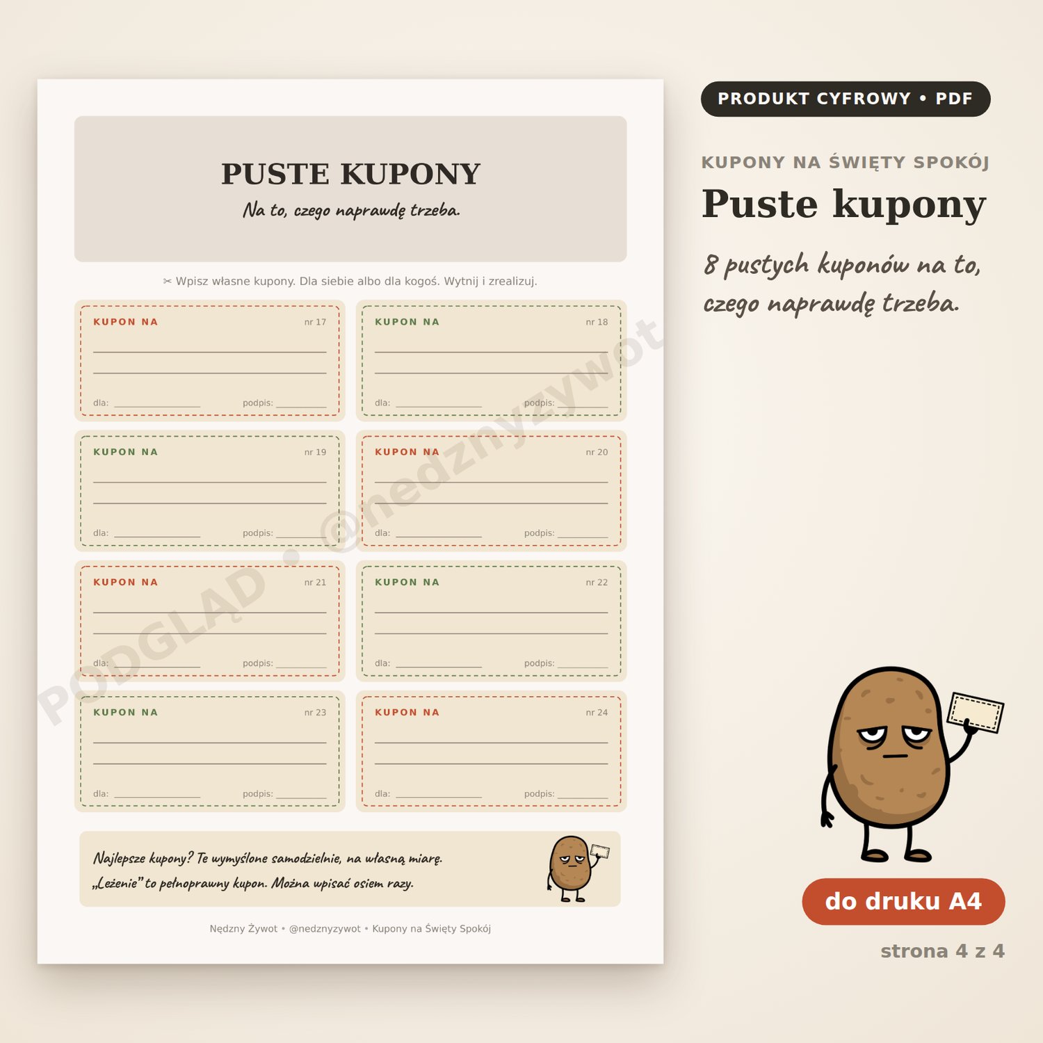 Puste kupony: 8 kuponów do druku, do wpisania własnych pomysłów.