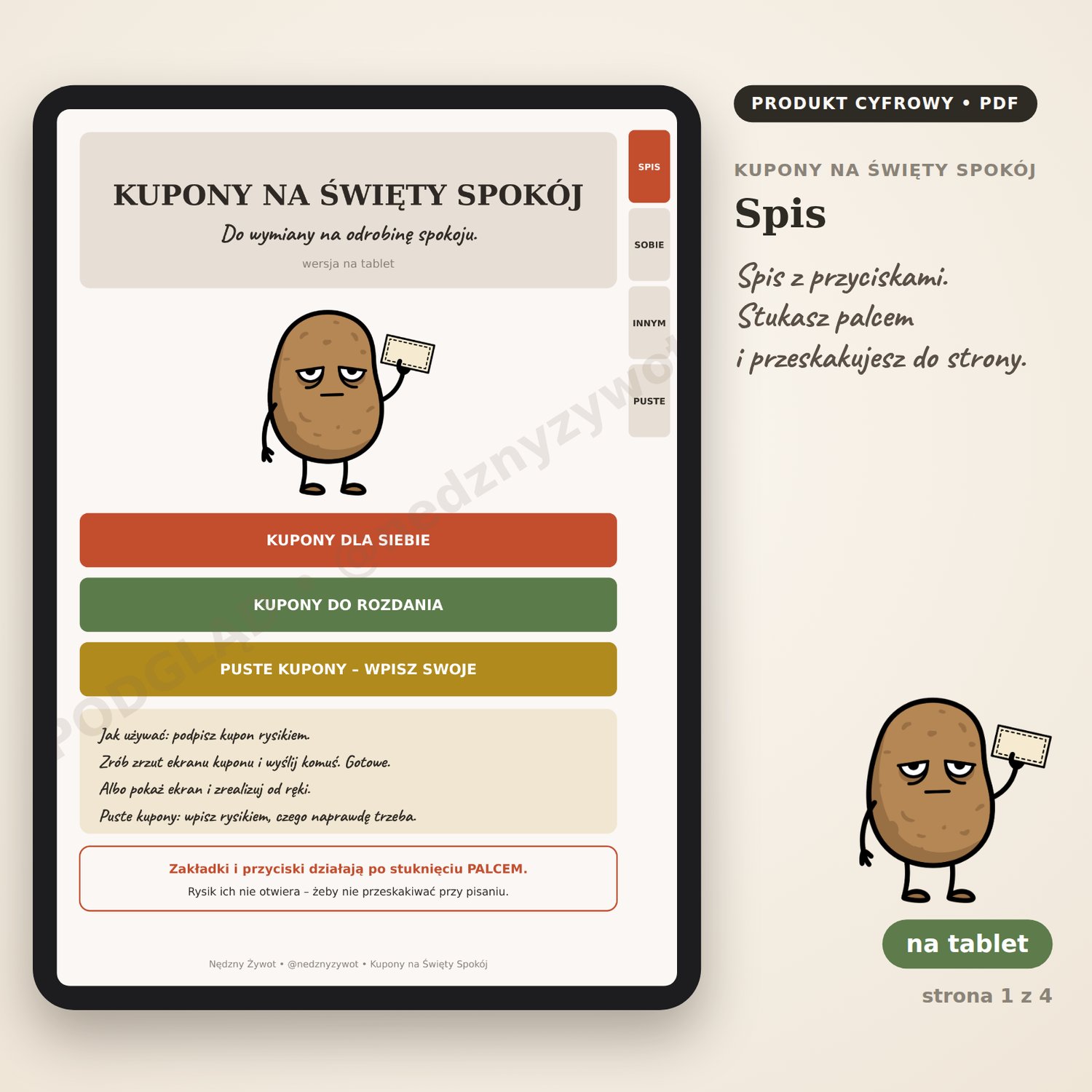 Spis z przyciskami: kupony dla siebie, kupony do rozdania i puste kupony. Stukasz palcem i przeskakujesz do strony.