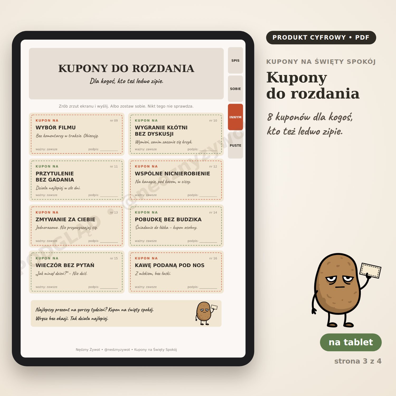 Kupony do rozdania na tablecie: 8 kuponów, między innymi wybór filmu, przytulenie bez gadania i kawa podana pod nos.