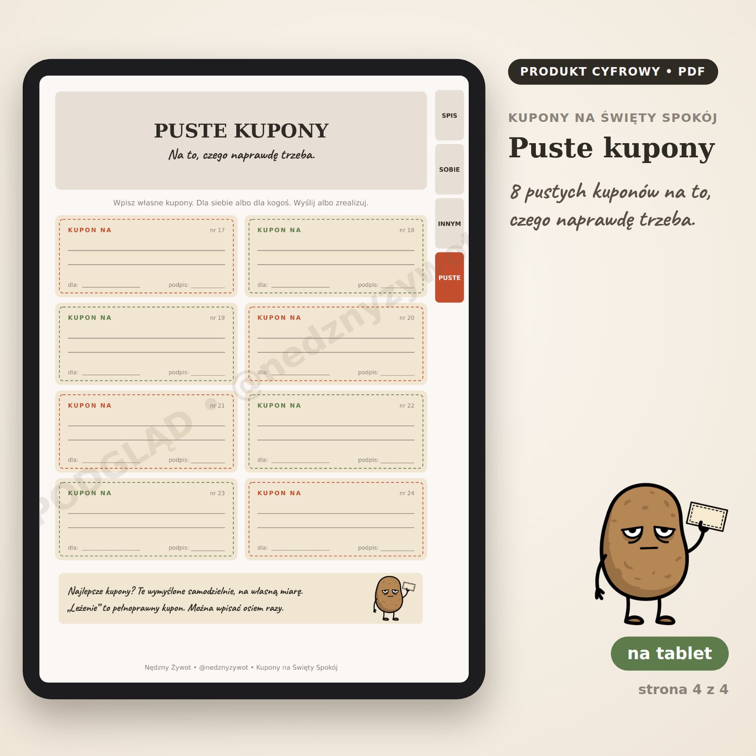 Puste kupony na tablecie: 8 kuponów do wpisania rysikiem tego, czego naprawdę trzeba.