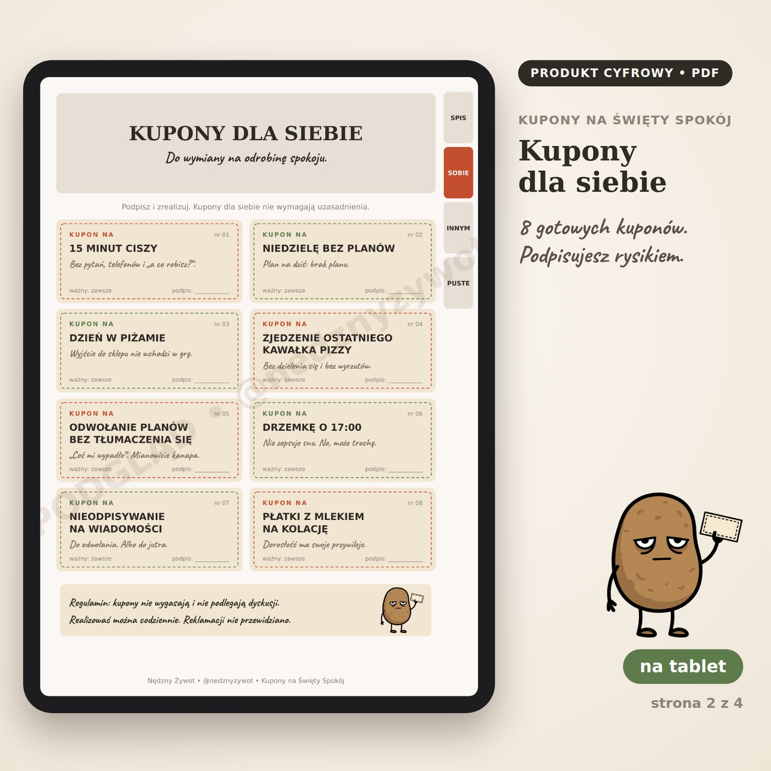 Kupony dla siebie na tablecie: 8 gotowych kuponów, między innymi 15 minut ciszy, dzień w piżamie i drzemka o 17:00. Podpisujesz rysikiem.