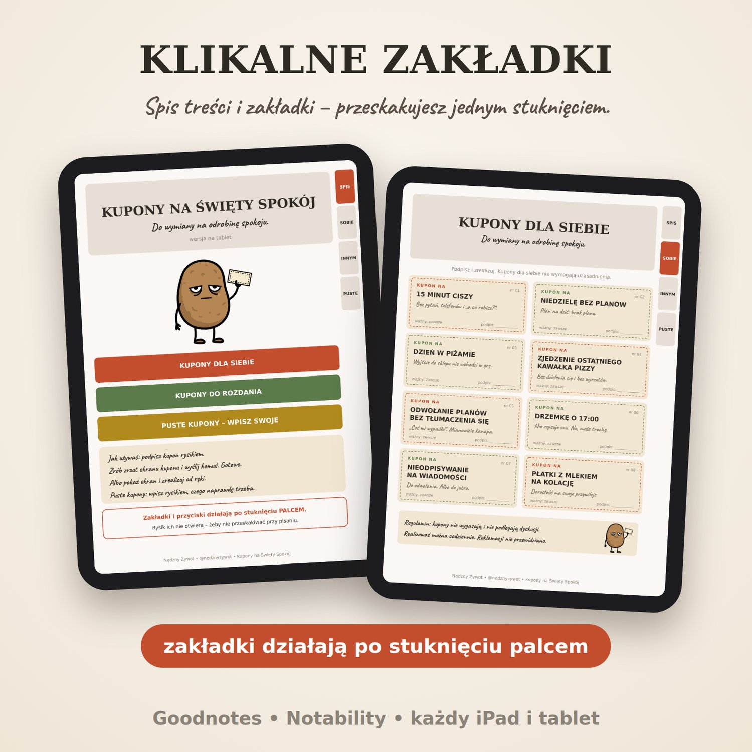 Klikalne zakładki w Kuponach na Święty Spokój: dwa tablety ze spisem i stroną kuponów. Zakładki działają po stuknięciu palcem.