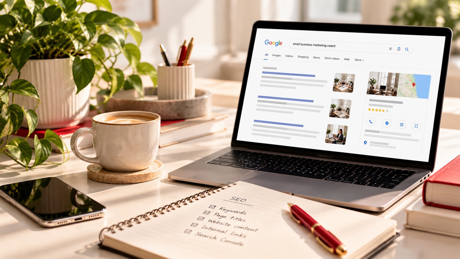 Sunlit desk with a laptop, phone, coffee and an SEO checklist covering keywords, page titles, website content, internal links and Search Console.