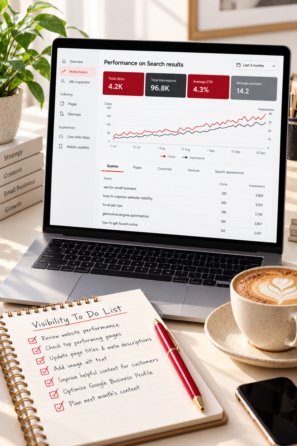 A bright, editorial flat-lay of a laptop on a cream desk beside a spiral notebook with a red pen, a cappuccino and a small plant. The laptop screen shows a website search performance report in the style of Google Search Console's Performance report, on a white interface.