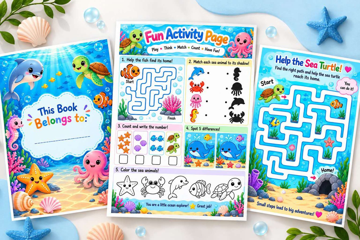 Printable ocean animal coloring pages featuring dolphin whale turtle and octopus
