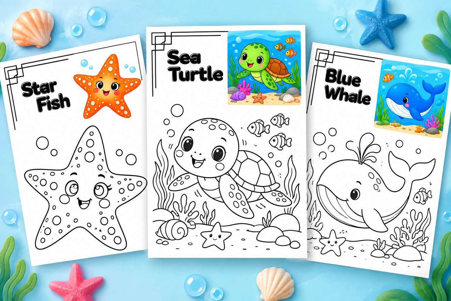 Printable ocean animal coloring pages featuring dolphin whale turtle and octopus