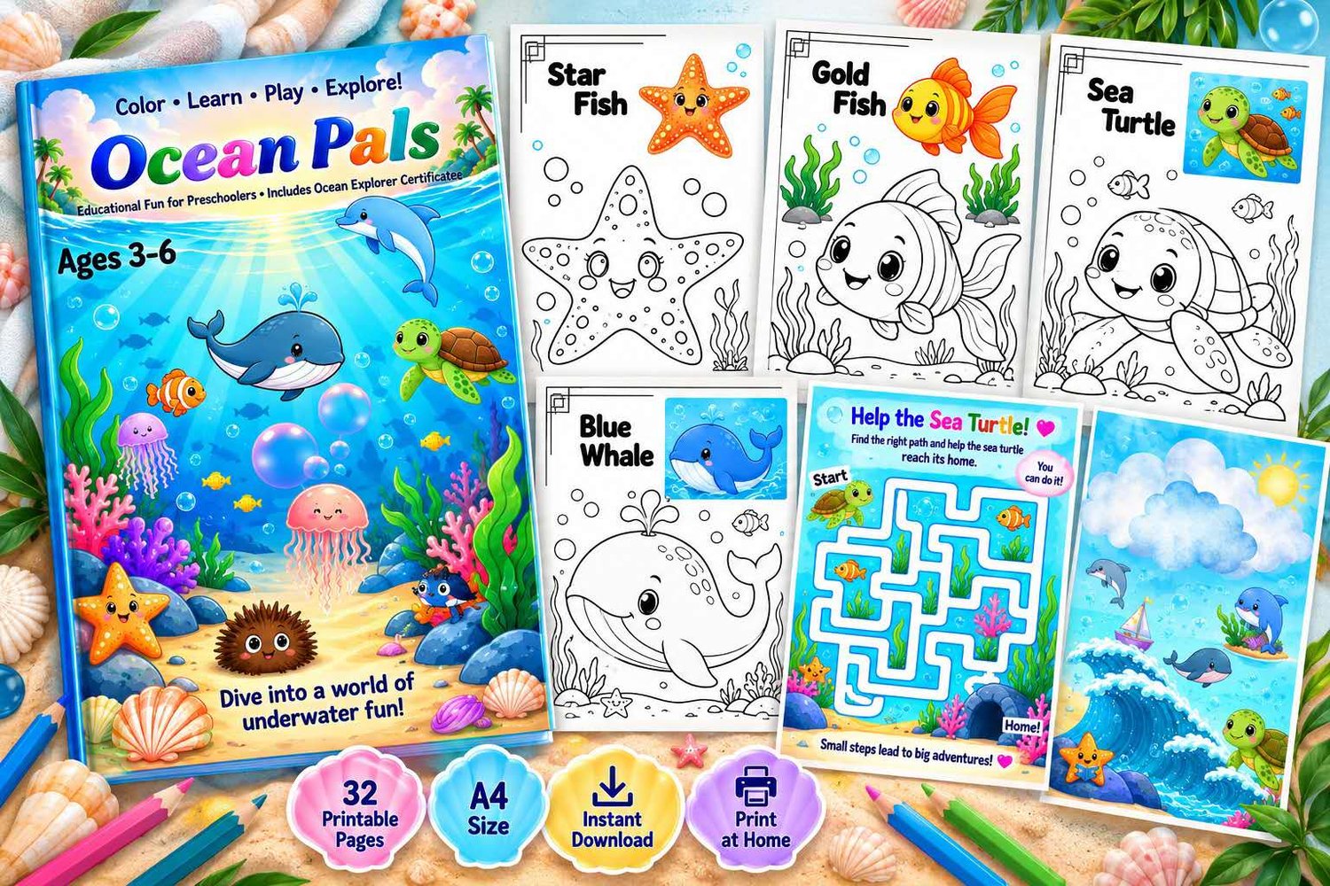 Ocean animals coloring book for kids ages 3 to 6 printable PDF