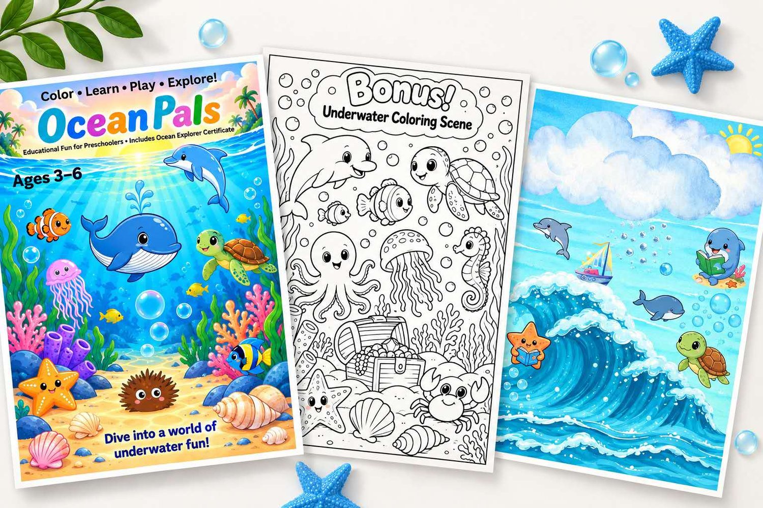 Printable ocean animal coloring pages featuring dolphin whale turtle and octopus