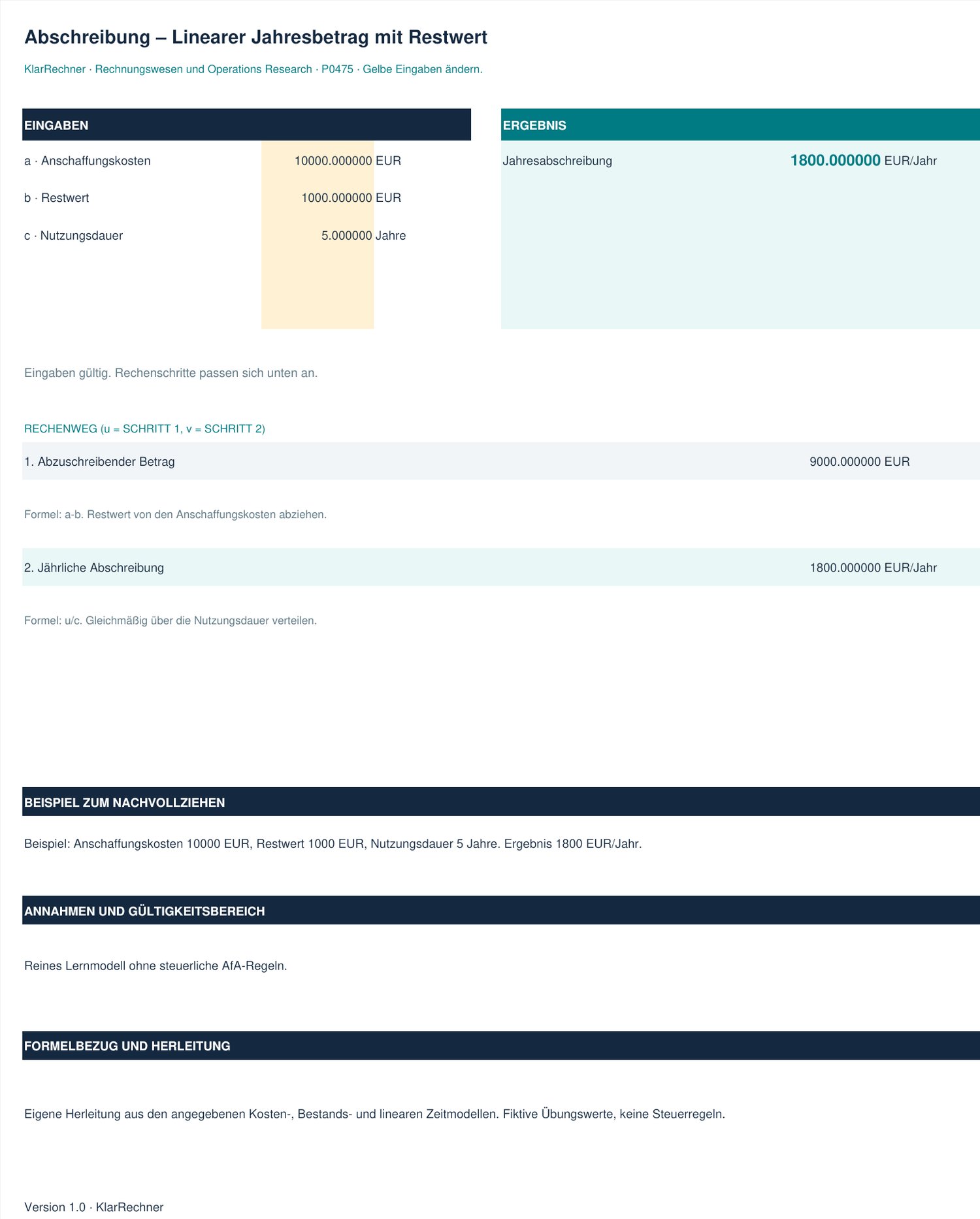Arbeitsblatt-Vorschau: Abschreibung – Linearer Jahresbetrag mit Restwert mit den in der Datei hinterlegten Werten.