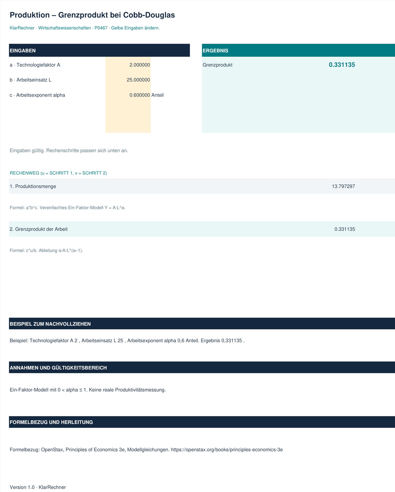 Arbeitsblatt-Vorschau: Produktion – Grenzprodukt bei Cobb-Douglas mit den in der Datei hinterlegten Werten.