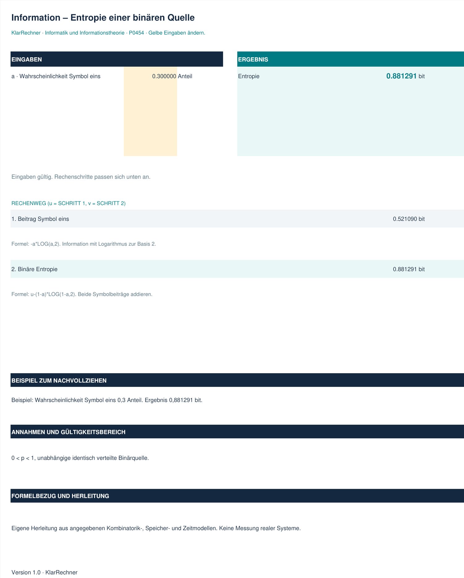 Arbeitsblatt-Vorschau: Information – Entropie einer binären Quelle mit den in der Datei hinterlegten Werten.