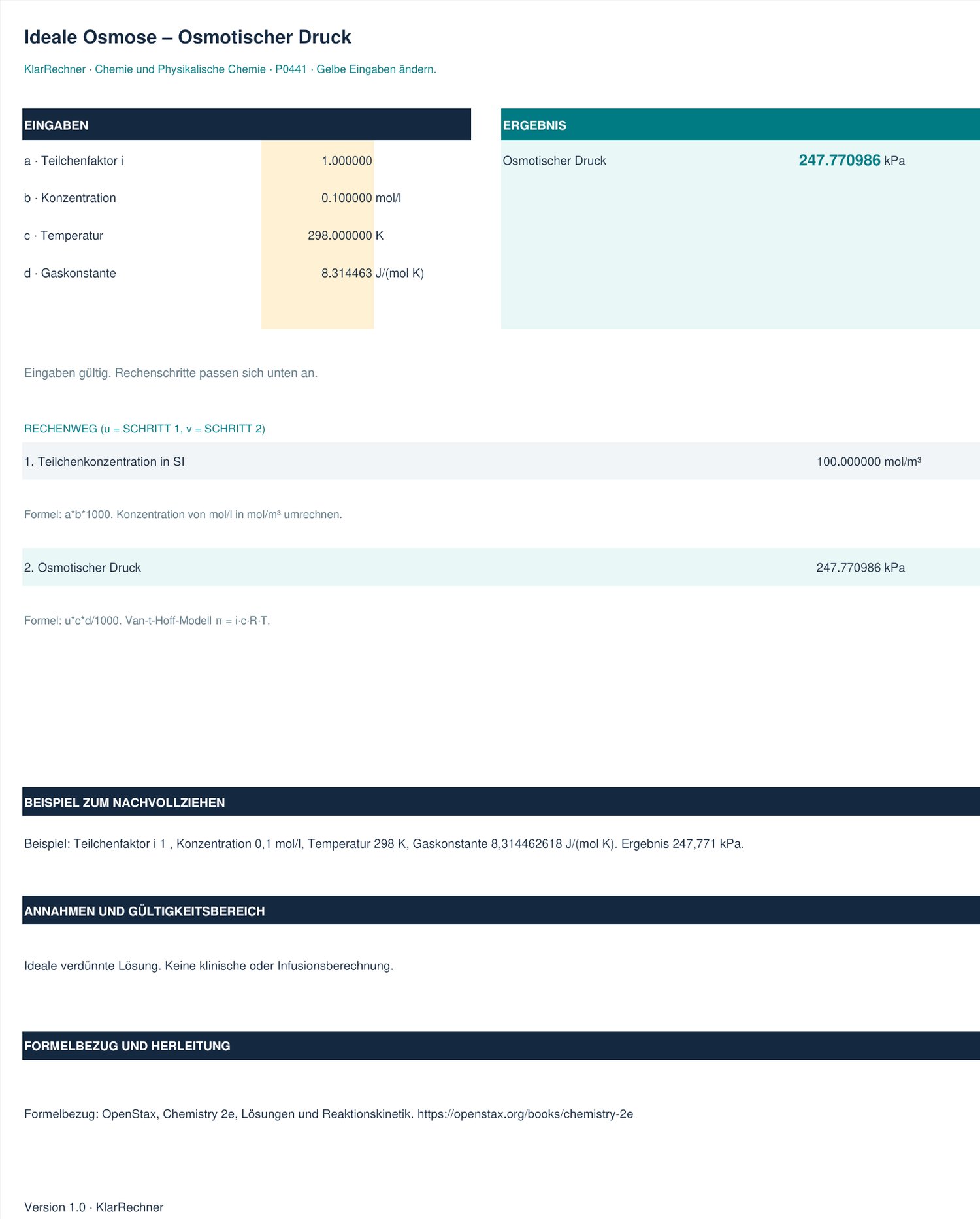 Arbeitsblatt-Vorschau: Ideale Osmose – Osmotischer Druck mit den in der Datei hinterlegten Werten.