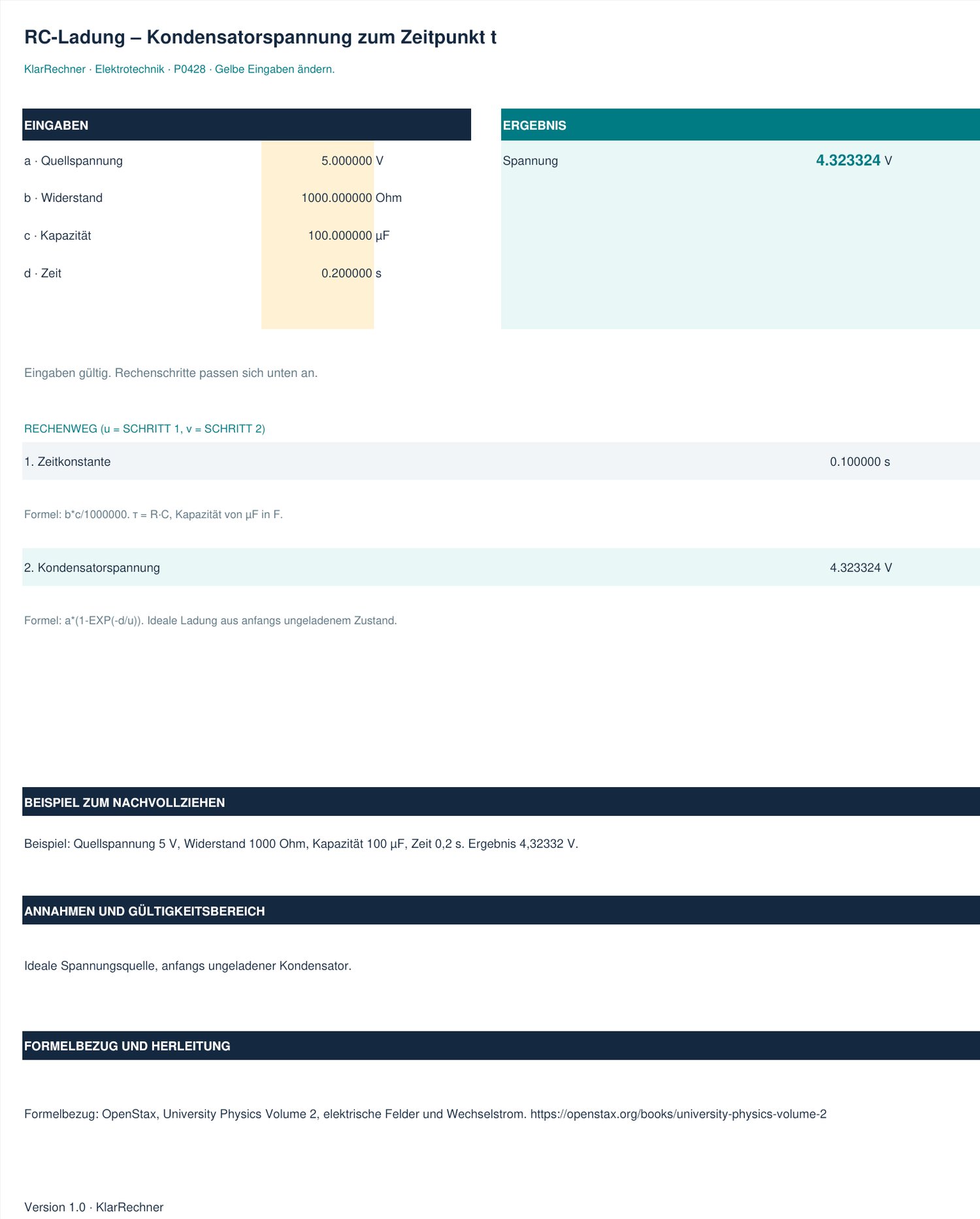 Arbeitsblatt-Vorschau: RC-Ladung – Kondensatorspannung zum Zeitpunkt t mit den in der Datei hinterlegten Werten.