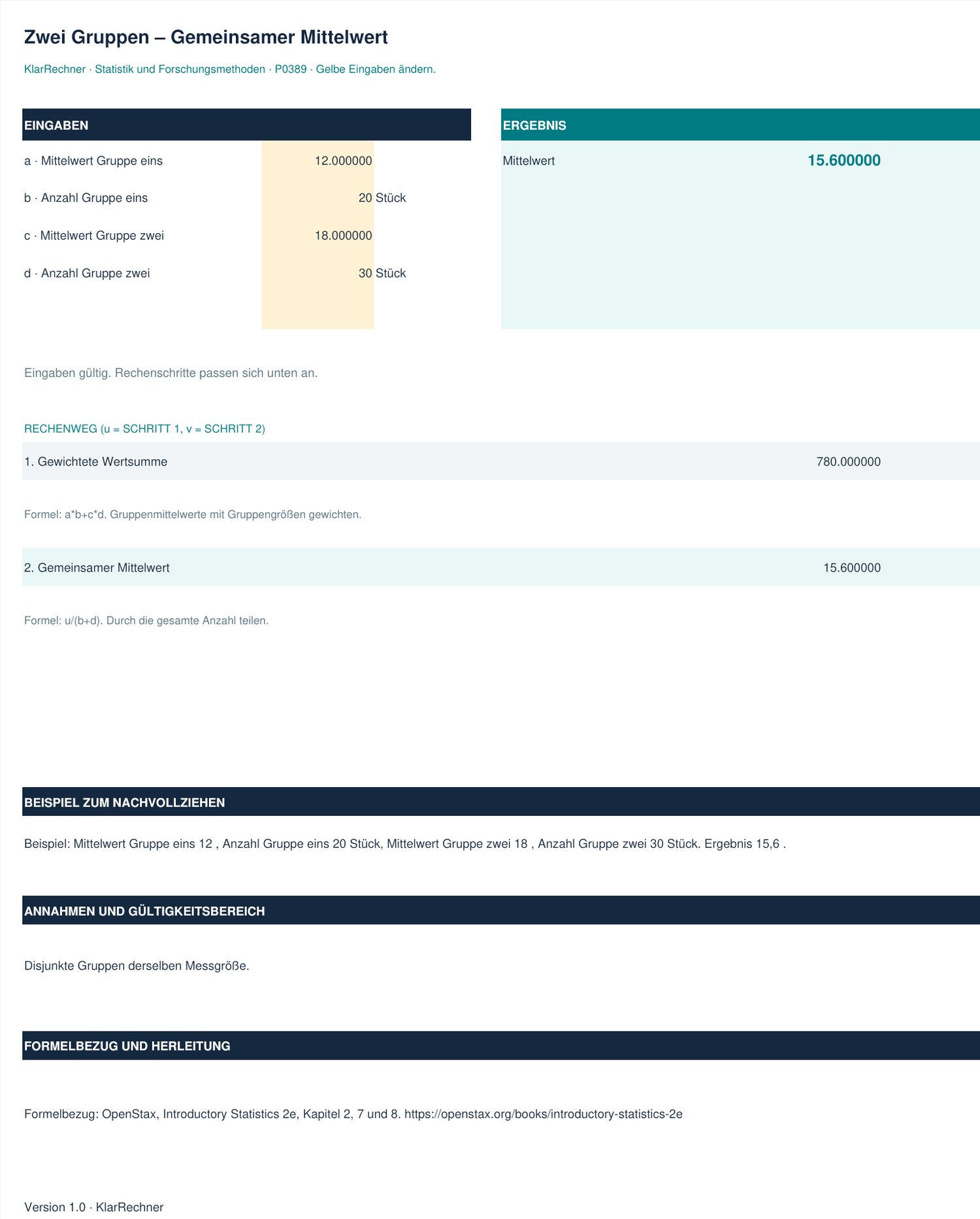 Arbeitsblatt-Vorschau: Zwei Gruppen – Gemeinsamer Mittelwert mit den in der Datei hinterlegten Werten.