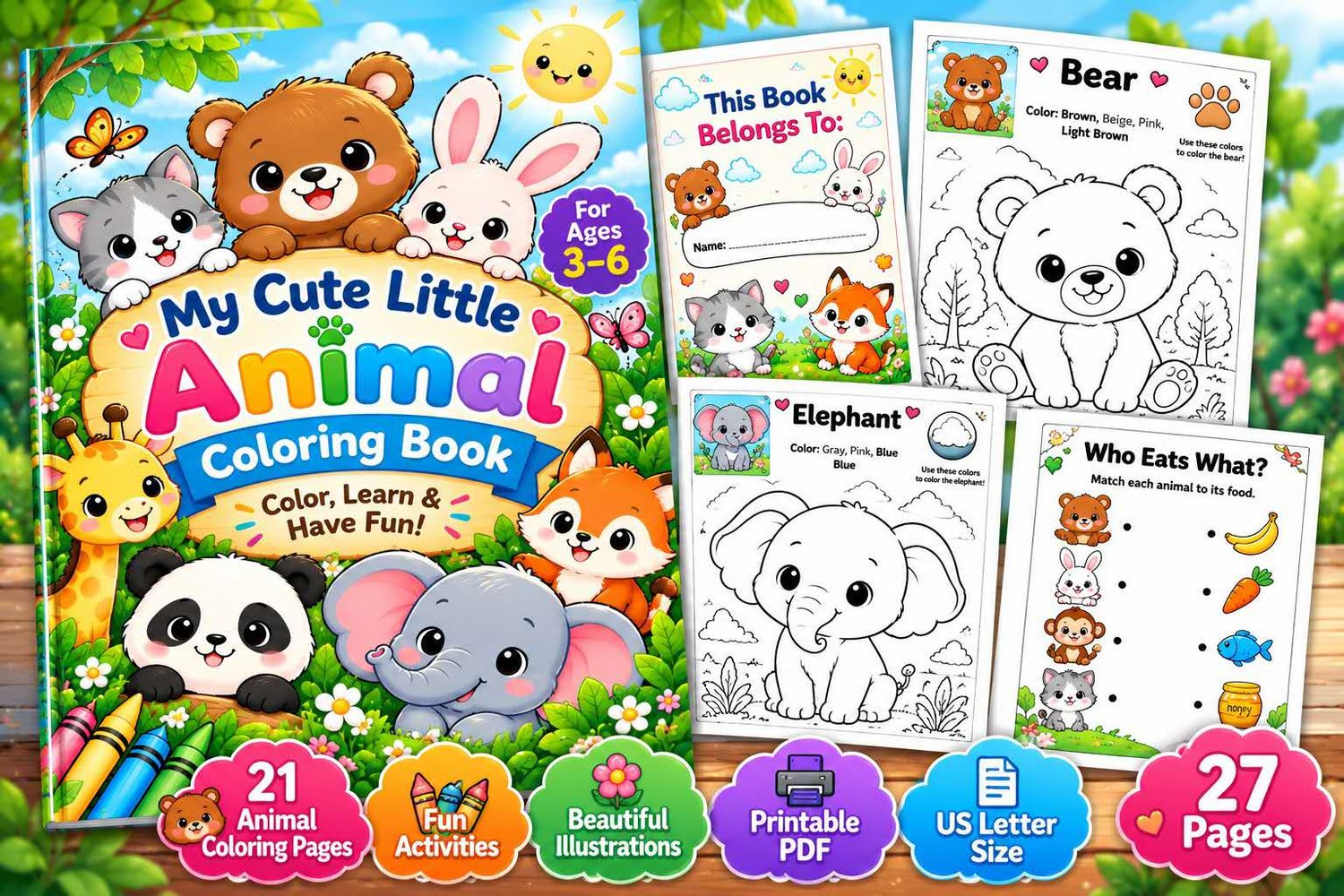My Cute Little Animal Coloring Book for Kids printable PDF featuring cute bear, bunny, panda, elephant, fox, giraffe, and other animals