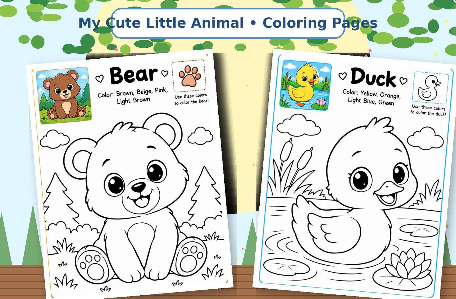 Printable animal coloring pages for kids featuring a cute bear and duck