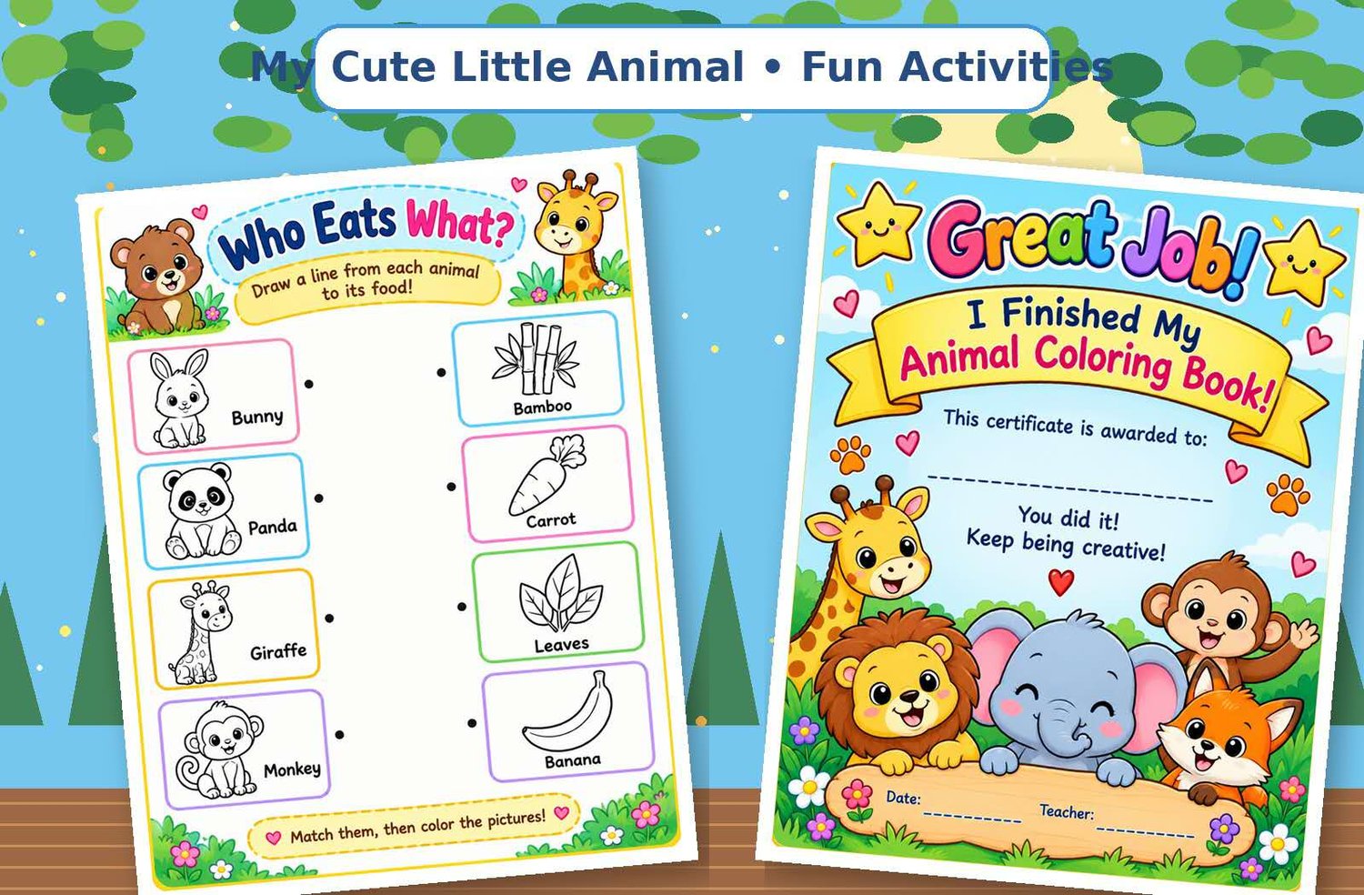 Kids printable animal activity book featuring bunny, fox, monkey, turtle, and puppy