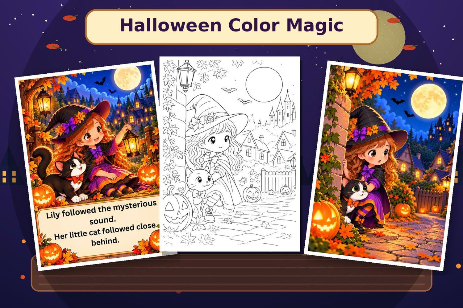 Download a magical Halloween coloring and story book for kids. A fun printable PDF featuring Lily, her cat, pumpkins, mystery and Halloween magic.