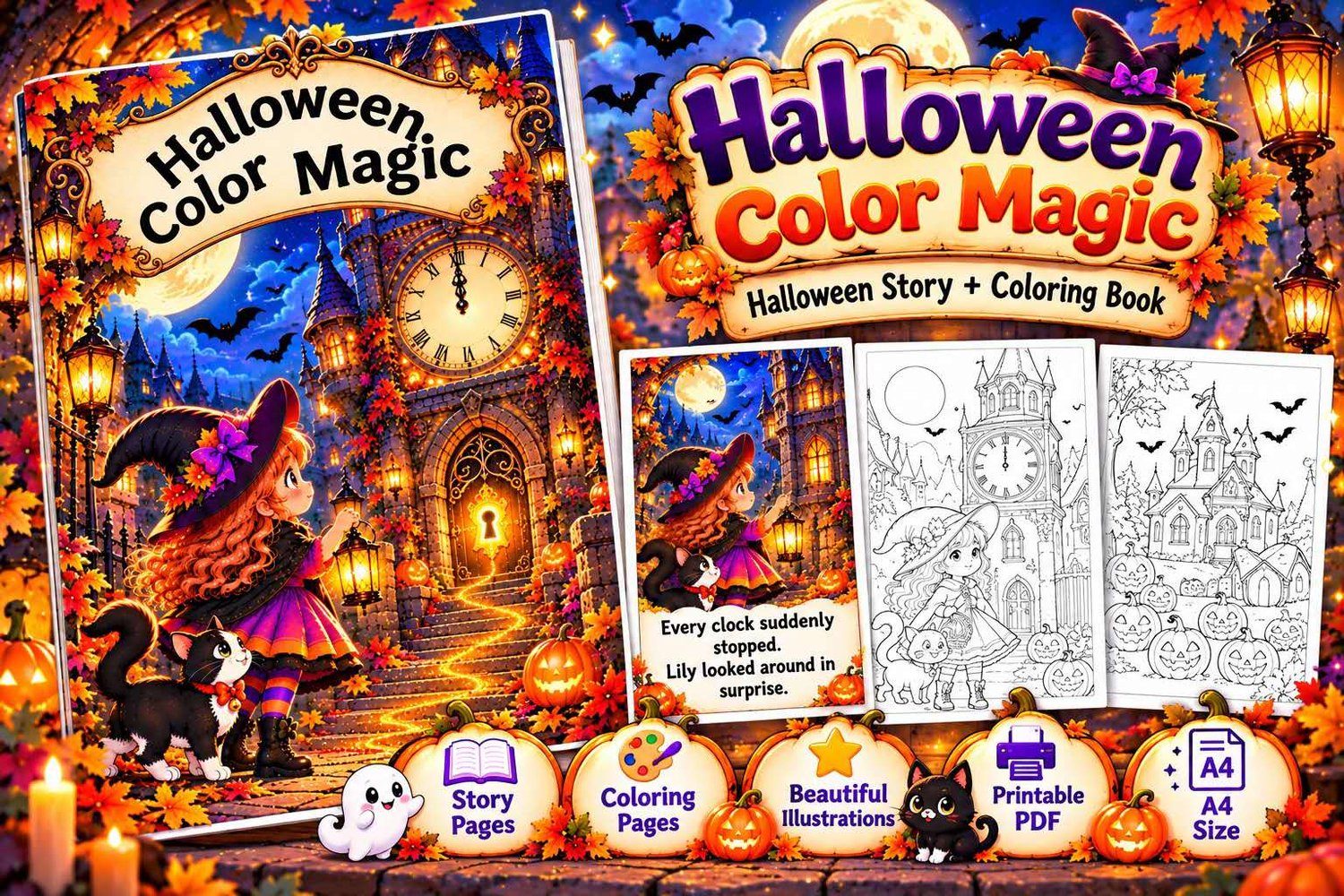 Download a magical Halloween coloring and story book for kids. A fun printable PDF featuring Lily, her cat, pumpkins, mystery and Halloween magic.