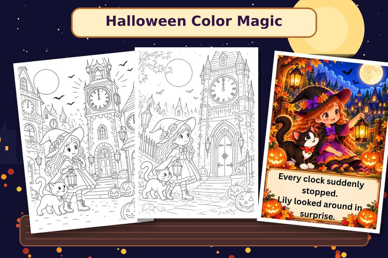 Download a magical Halloween coloring and story book for kids. A fun printable PDF featuring Lily, her cat, pumpkins, mystery and Halloween magic.