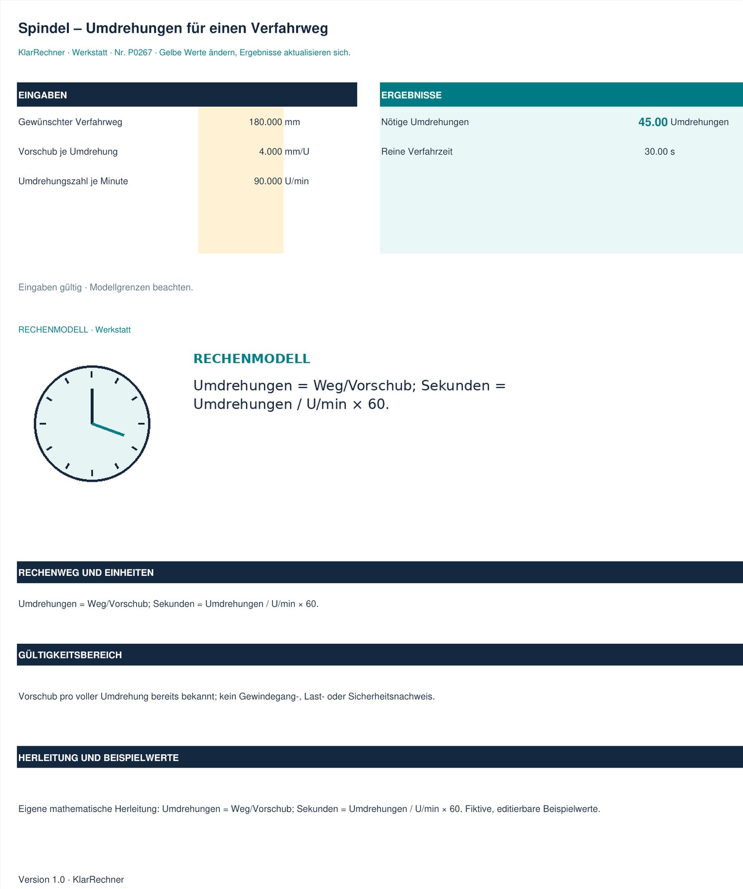 Arbeitsblatt-Vorschau: Spindel – Umdrehungen für einen Verfahrweg mit den in der Datei hinterlegten Werten.