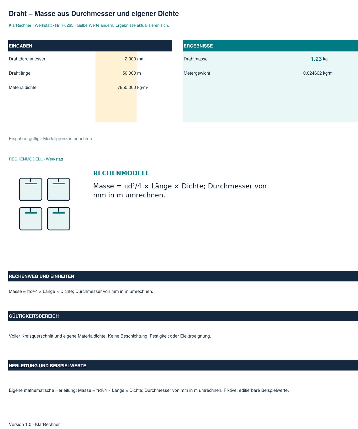 Arbeitsblatt-Vorschau: Draht – Masse aus Durchmesser und eigener Dichte mit den in der Datei hinterlegten Werten.
